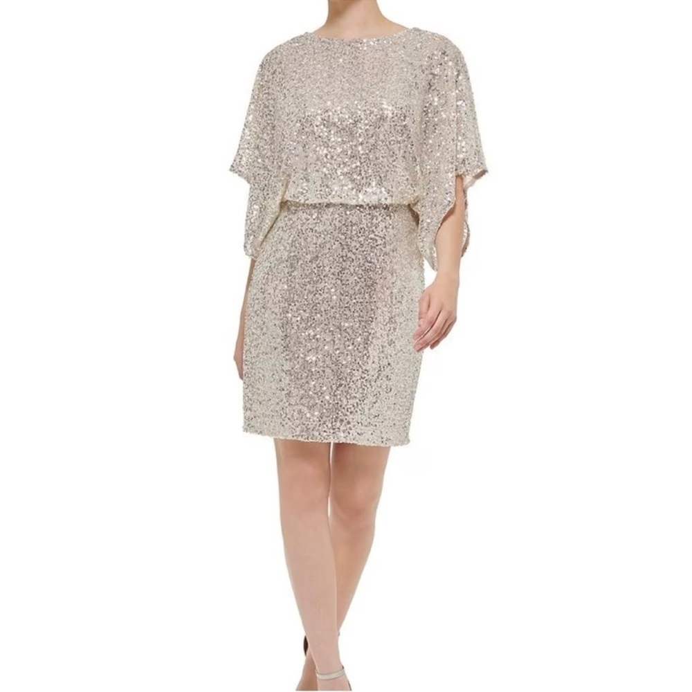 JESSICA HOWARD Stunning Sequin Mesh Dolman Sleeve Blouson Sheath Dress Size 6